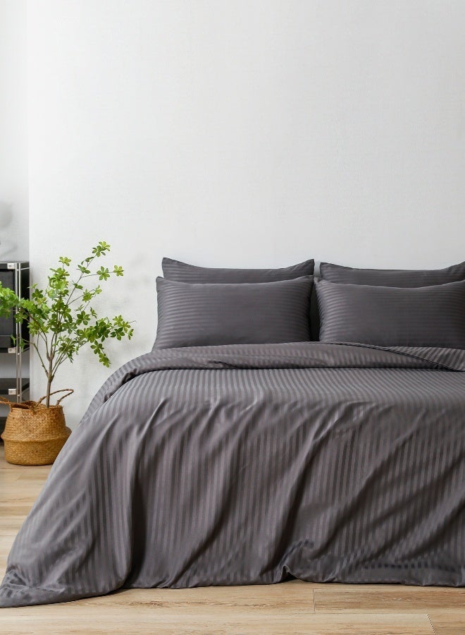 LUNA Home Satin Stripped King Size 6 Pieces(1 Duvet cover - 220*240cm. 1 Elastic Fitted sheet (On corners Only elastic) - 200*200cm+30cm. 4 Pillow cases - 50*75cm.). Soft Bedding Set without filling, Solid Dark Gray Color. - Image 1